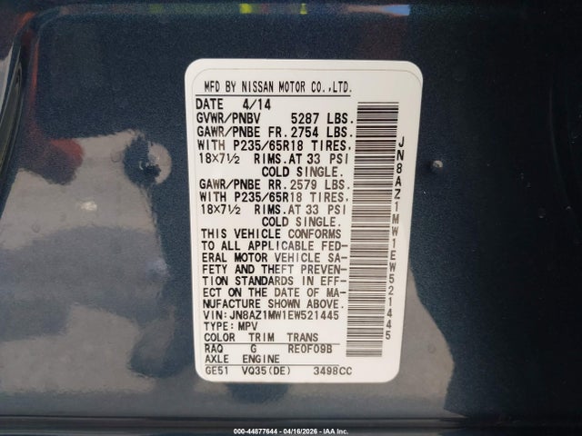 Продажа на аукционе авто 2014 Nissan Murano Le/s/sl/sv, vin: JN8AZ1MW1EW521445, номер лота: 44877644