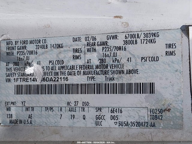 Продажа на аукционе авто 2006 Ford E-150 Commercial/recreational, vin: 1FTRE14W86DA22116, номер лота: 44877656