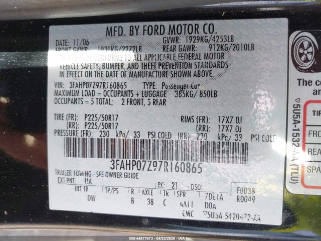 2007 Ford Fusion Se მანქანა იყიდება აუქციონზე, vin: 3FAHP07Z97R160865, აუქციონის ნომერი: 44877673