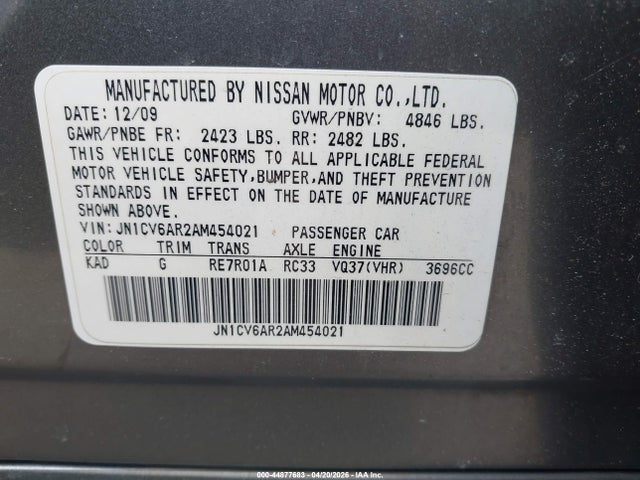 Продаж на аукціоні авто 2010 Infiniti G37x, vin: JN1CV6AR2AM454021, номер лоту: 44877683