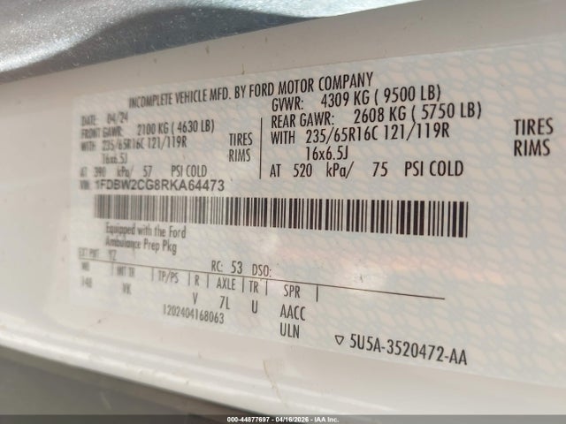Продаж на аукціоні авто 2024 Ford Transit-350, vin: 1FDBW2CG8RKA64473, номер лоту: 44877697