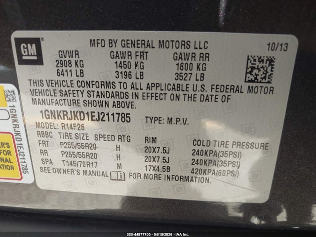 Chevrolet Traverse Ltz 2014 1GNKRJKD1EJ211785 Image 9