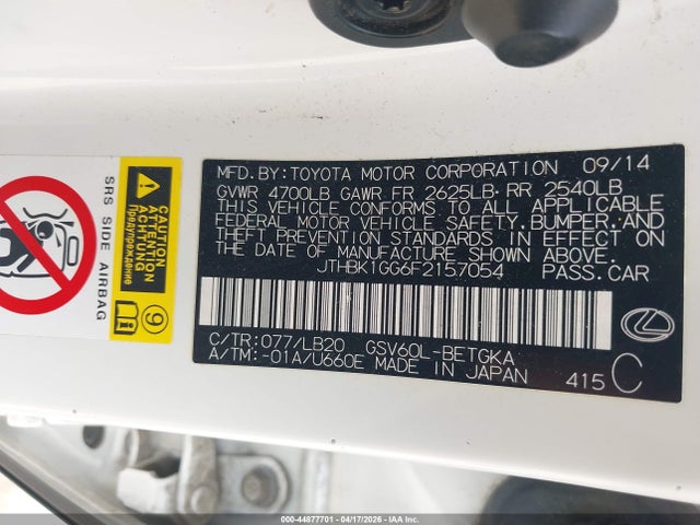 Aukcja sprzedaży 2015 Lexus Es 350, vin: JTHBK1GG6F2157054, numer aukcji: 44877701