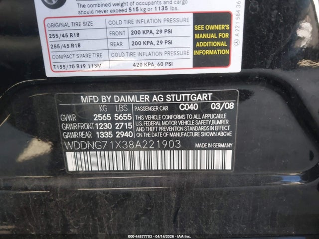 Aukcja sprzedaży 2008 Mercedes-benz S 550, vin: WDDNG71X38A221903, numer aukcji: 44877703
