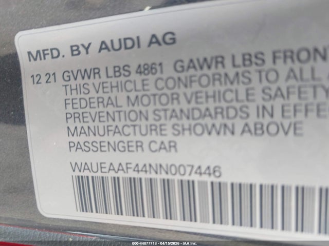 Aukcja sprzedaży 2022 Audi A4 Premium Plus 45 Tfsi S Line Quattro S Tronic, vin: WAUEAAF44NN007446, numer aukcji: 44877718