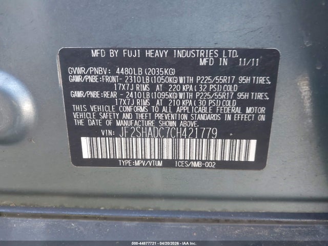 2012 Subaru Forester 2.5x Premium მანქანა იყიდება აუქციონზე, vin: JF2SHADC7CH421779, აუქციონის ნომერი: 44877721