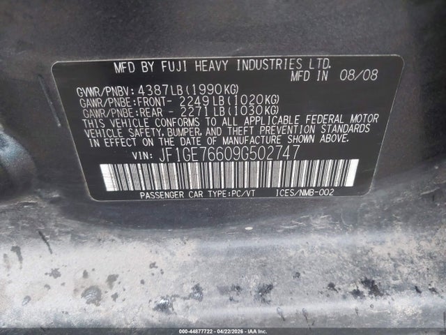 Aukcja sprzedaży 2009 Subaru Impreza Wrx, vin: JF1GE76609G502747, numer aukcji: 44877722