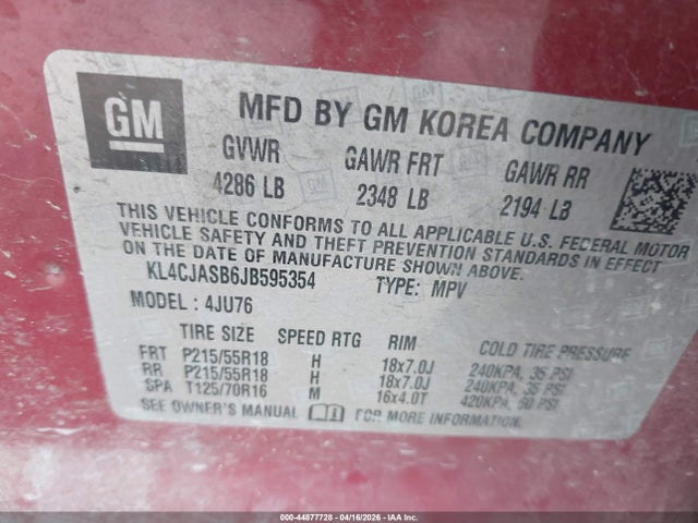 2018 Buick Encore Preferred მანქანა იყიდება აუქციონზე, vin: KL4CJASB6JB595354, აუქციონის ნომერი: 44877728