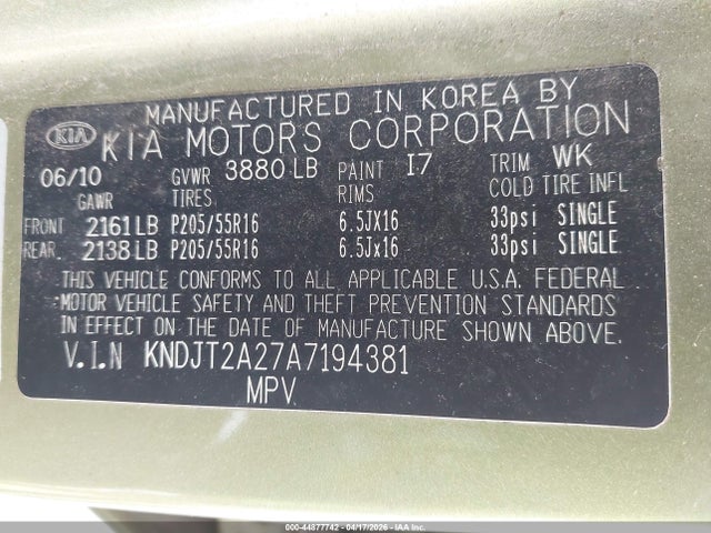 44877742 :رقم المزاد ، KNDJT2A27A7194381 vin ، 2010 Kia Soul + مزاد بيع