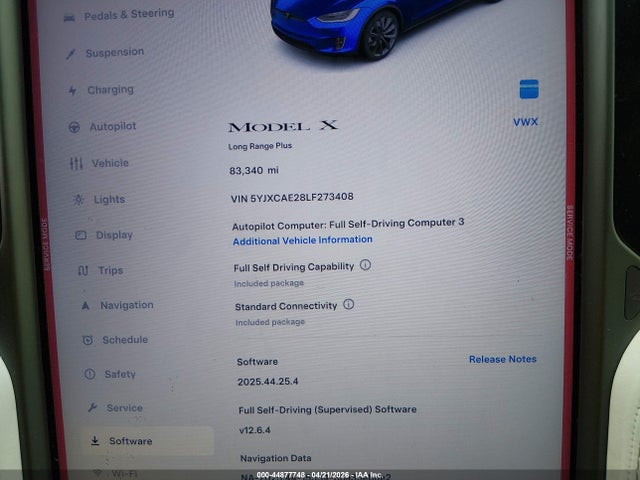 2020 Tesla Model X Long Range Dual Motor All-wheel Drive/long Range Plus Dual Motor All-wheel Drive მანქანა იყიდება აუქციონზე, vin: 5YJXCAE28LF273408, აუქციონის ნომერი: 44877748