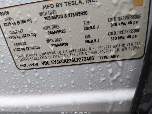 2020 Tesla Model X Long Range Dual Motor All-wheel Drive/long Range Plus Dual Motor All-wheel Drive მანქანა იყიდება აუქციონზე, vin: 5YJXCAE28LF273408, აუქციონის ნომერი: 44877748