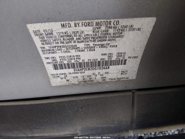 2013 Ford Taurus Sel მანქანა იყიდება აუქციონზე, vin: 1FAHP2E82DG102668, აუქციონის ნომერი: 44877754