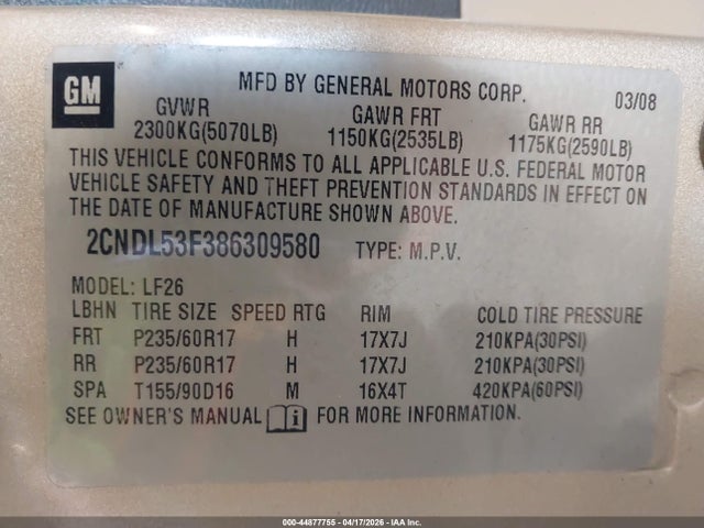 Продажа на аукционе авто 2008 Chevrolet Equinox Lt, vin: 2CNDL53F386309580, номер лота: 44877755