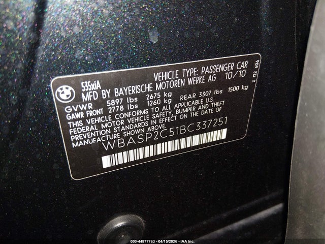 44877763 :رقم المزاد ، WBASP2C51BC337251 vin ، 2011 Bmw 535i Gran Turismo Xdrive مزاد بيع