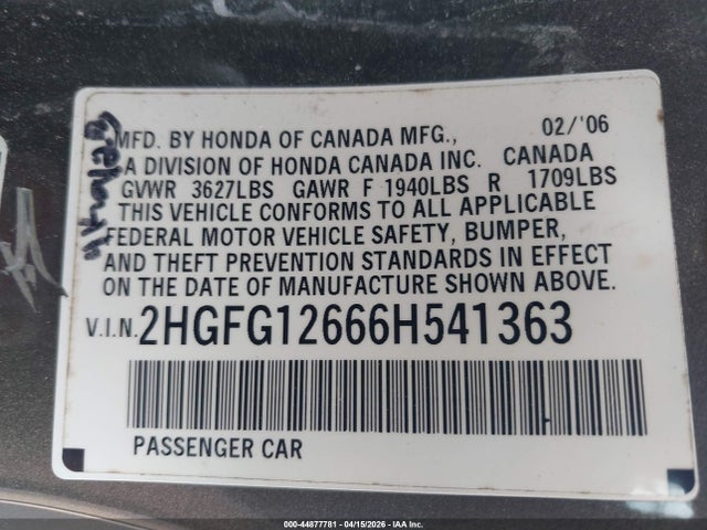 2006 Honda Civic Lx მანქანა იყიდება აუქციონზე, vin: 2HGFG12666H541363, აუქციონის ნომერი: 44877781