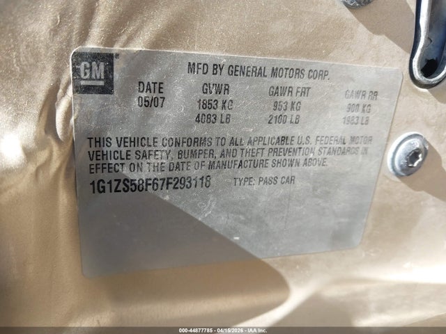 44877785 :رقم المزاد ، 1G1ZS58F67F293118 vin ، 2007 Chevrolet Malibu Ls مزاد بيع
