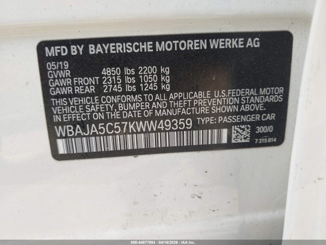 Aukcja sprzedaży 2019 Bmw 530i, vin: WBAJA5C57KWW49359, numer aukcji: 44877804