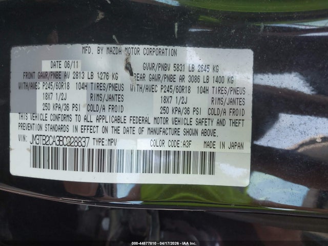 Продажа на аукционе авто 2011 Mazda Cx-9 Touring, vin: JM3TB2CA3B0328837, номер лота: 44877810