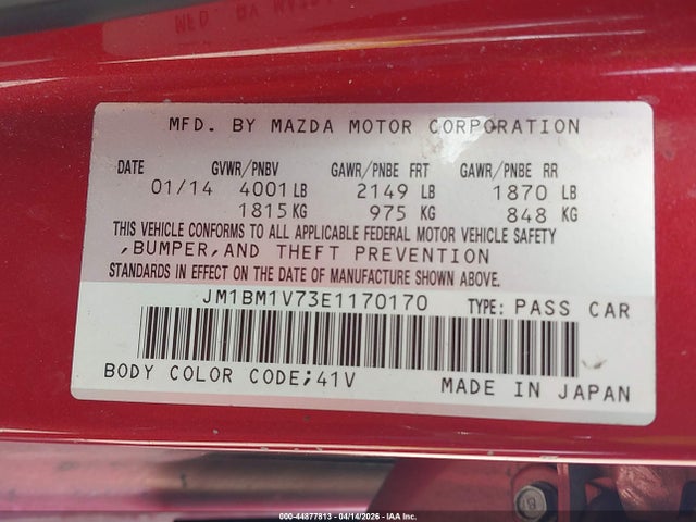 Aukcja sprzedaży 2014 Mazda Mazda3 I Touring, vin: JM1BM1V73E1170170, numer aukcji: 44877813