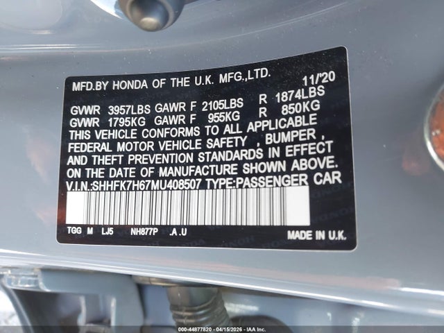SHHFK7H67MU408507 Honda CIVIC EX