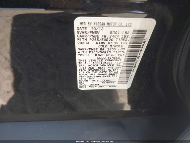 Продажа на аукционе авто 2014 Infiniti Qx70, vin: JN8CS1MU3EM451731, номер лота: 44877831