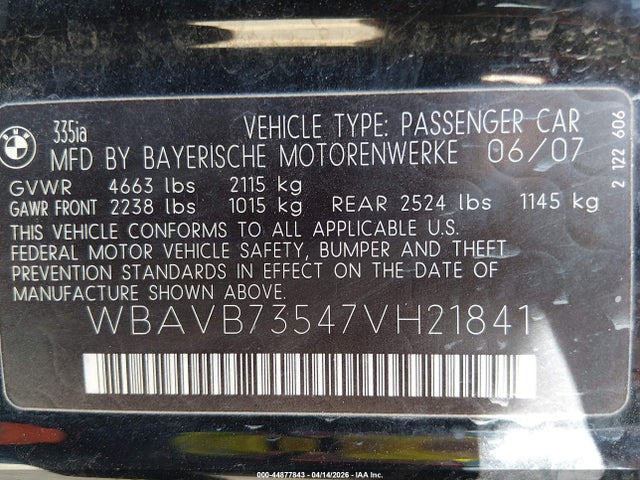 Продаж на аукціоні авто 2007 Bmw 335i, vin: WBAVB73547VH21841, номер лоту: 44877843