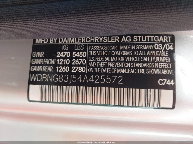 Продажа на аукционе авто 2004 Mercedes-benz S 430 4matic, vin: WDBNG83J54A425572, номер лота: 44877846