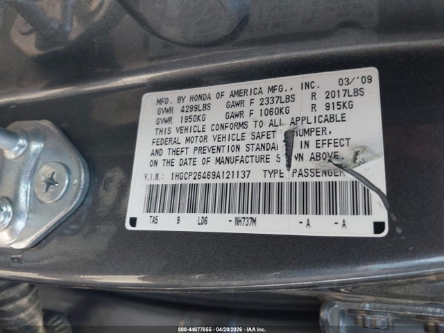 2009 Honda Accord 2.4 Lx-p მანქანა იყიდება აუქციონზე, vin: 1HGCP26469A121137, აუქციონის ნომერი: 44877855