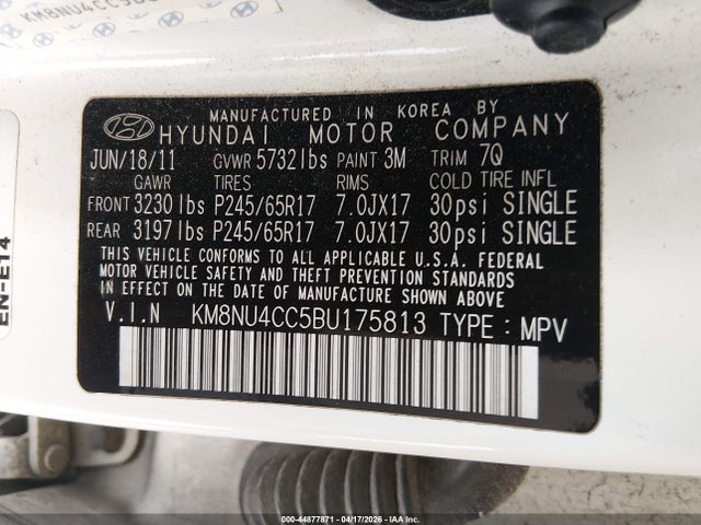 2011 Hyundai Veracruz Gls მანქანა იყიდება აუქციონზე, vin: KM8NU4CC5BU175813, აუქციონის ნომერი: 44877871
