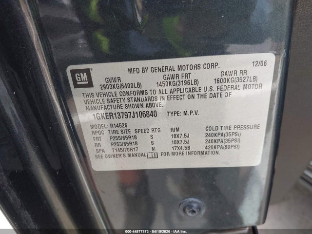 Aukcja sprzedaży 2007 Gmc Acadia Sle-1, vin: 1GKER13797J106840, numer aukcji: 44877873