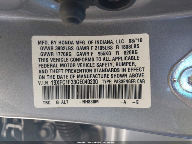 Aukcja sprzedaży 2016 Honda Civic Ex-t, vin: 19XFC1F33GE040230, numer aukcji: 44877874
