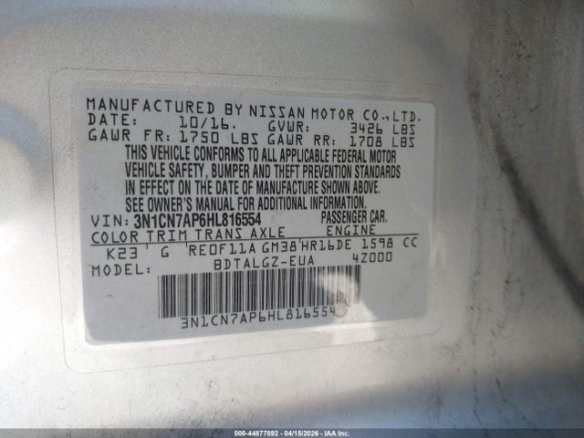 Aukcja sprzedaży 2017 Nissan Versa 1.6 Sl, vin: 3N1CN7AP6HL816554, numer aukcji: 44877892