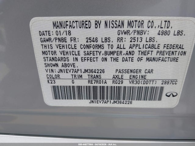44877904 :رقم المزاد ، JN1EV7AP1JM364226 vin ، 2018 Infiniti Q50 3.0t Luxe مزاد بيع