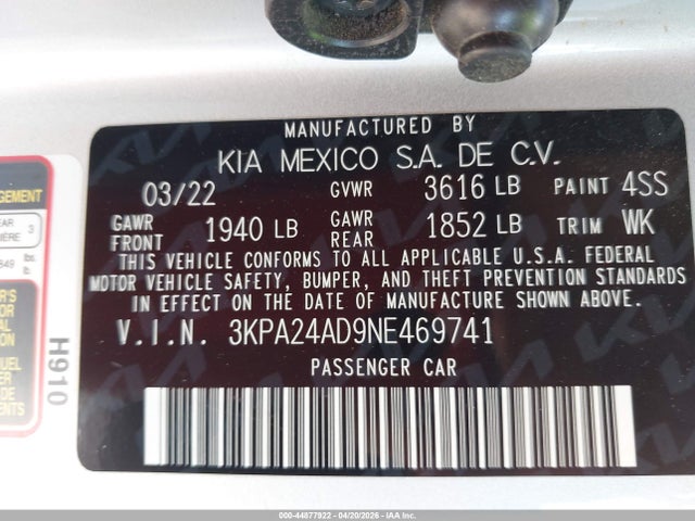 44877922 :رقم المزاد ، 3KPA24AD9NE469741 vin ، 2022 Kia Rio Lx مزاد بيع