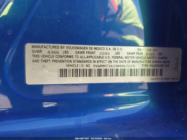 44877927 :رقم المزاد ، 3VWRM71K28M067225 vin ، 2008 Volkswagen Jetta Se/sel مزاد بيع