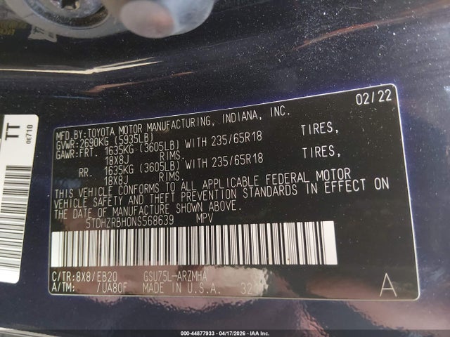 Продажа на аукционе авто 2022 Toyota Highlander Xle, vin: 5TDHZRBH0NS568639, номер лота: 44877933