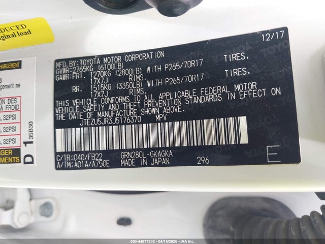 Aukcja sprzedaży 2018 Toyota 4runner Sr5, vin: JTEZU5JR3J5176370, numer aukcji: 44877932