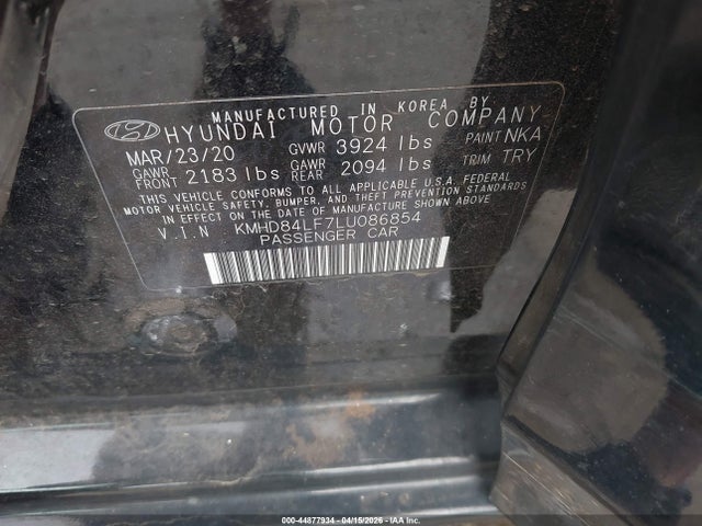 44877934 :رقم المزاد ، KMHD84LF7LU086854 vin ، 2020 Hyundai Elantra Sel مزاد بيع