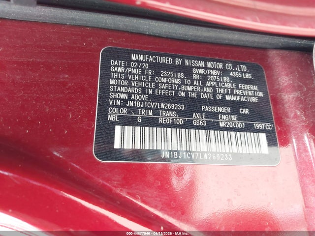Aukcja sprzedaży 2020 Nissan Rogue Sport S Fwd Xtronic Cvt, vin: JN1BJ1CV7LW269233, numer aukcji: 44877946