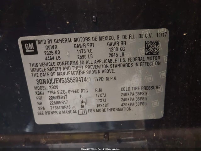 Продаж на аукціоні авто 2018 Chevrolet Equinox Lt, vin: 3GNAXJEV5JS559474, номер лоту: 44877951