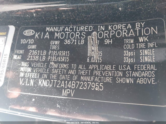 44877979 :رقم المزاد ، KNDJT2A14B7237955 vin ، 2011 Kia Soul مزاد بيع