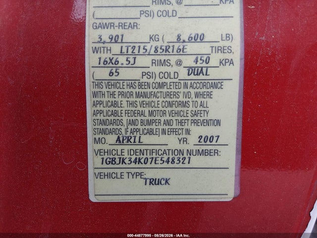 Aukcja sprzedaży 2007 Chevrolet Silverado 3500 Chassis Work Truck, vin: 1GBJK34K07E548321, numer aukcji: 44877995