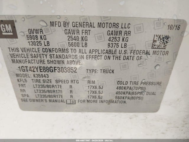 44877997 :رقم المزاد ، 1GT42YE88GF303852 vin ، 2016 Gmc Sierra 3500hd Denali مزاد بيع