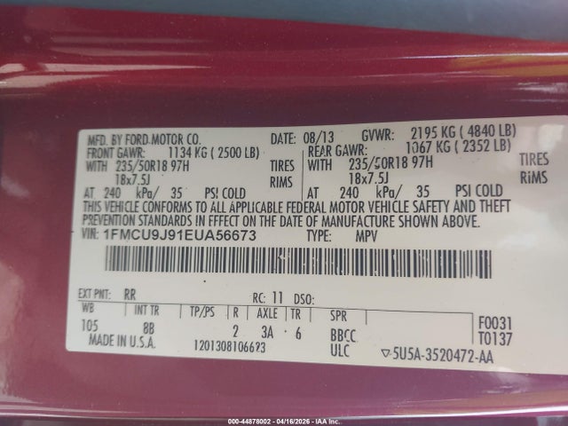 44878002 :رقم المزاد ، 1FMCU9J91EUA56673 vin ، 2014 Ford Escape Titanium مزاد بيع