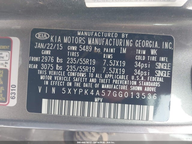 Продажа на аукционе авто 2016 Kia Sorento 3.3l Sxl, vin: 5XYPK4A57GG013536, номер лота: 44878012