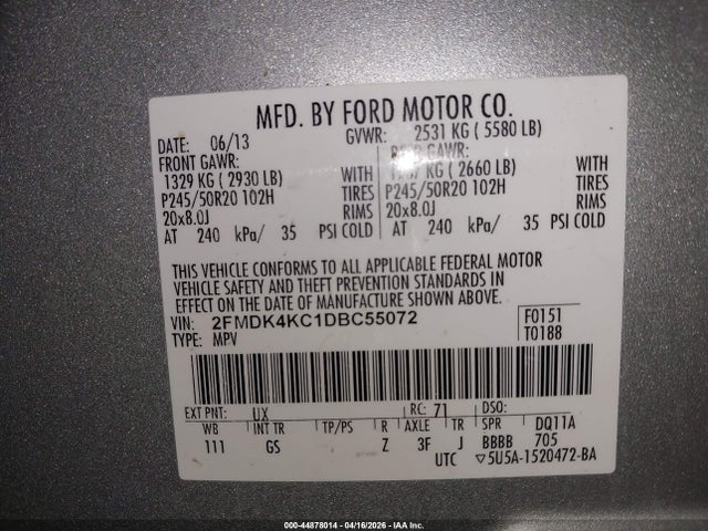 44878014 :رقم المزاد ، 2FMDK4KC1DBC55072 vin ، 2013 Ford Edge Limited مزاد بيع