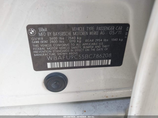 Продаж на аукціоні авто 2011 Bmw 550i Xdrive, vin: WBAFU9C55BC786208, номер лоту: 44878026