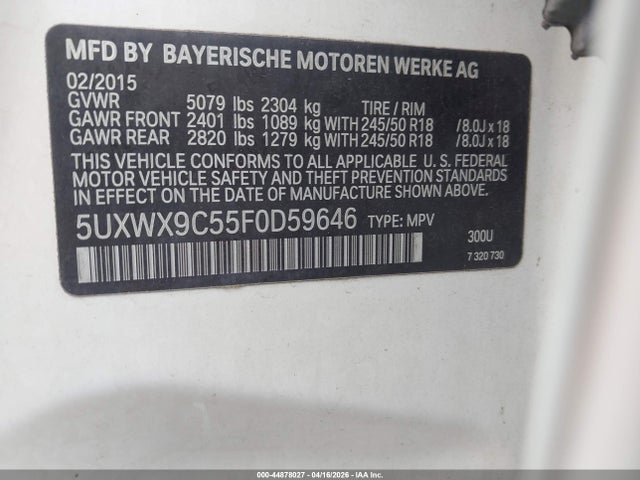 44878027 :رقم المزاد ، 5UXWX9C55F0D59646 vin ، 2015 Bmw X3 Xdrive28i مزاد بيع