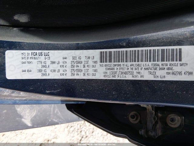 2019 Ram 1500 Laramie  4x4 5'7 Box მანქანა იყიდება აუქციონზე, vin: 1C6SRFJT3KN887522, აუქციონის ნომერი: 44878030