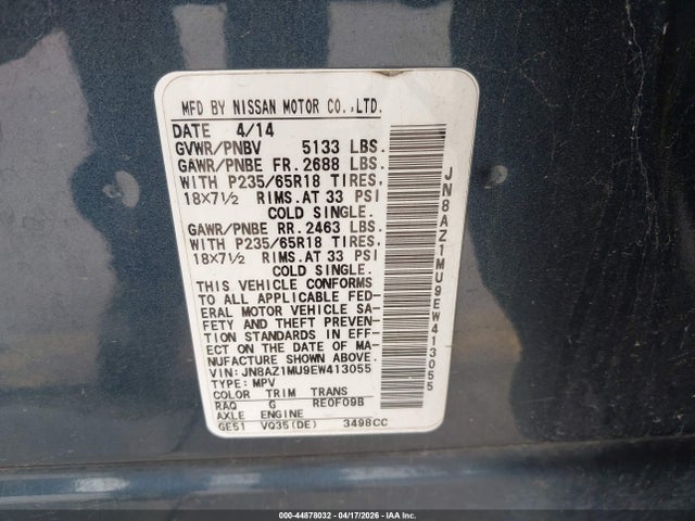 Продажа на аукционе авто 2014 Nissan Murano Sv, vin: JN8AZ1MU9EW413055, номер лота: 44878032